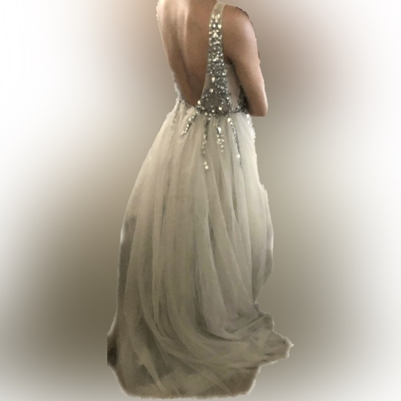 Sexy Deep V Neck Sequins Beads Tulle and Lace High Split Long Dress - Picture 3 of 4